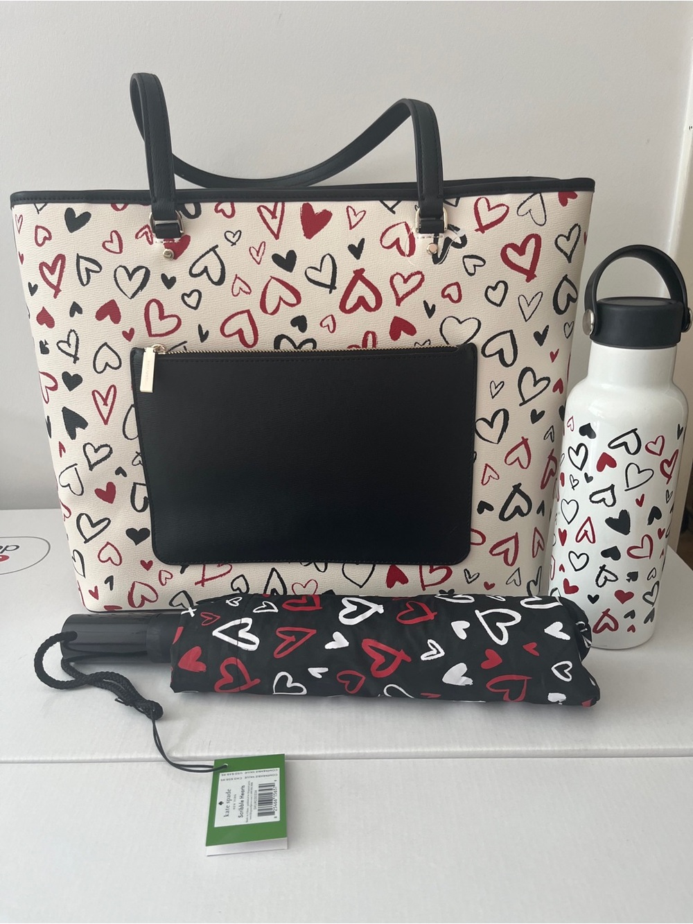 Kate Spade ♠️ Scribble Heart Print Tote Bag with Black Pocket BUNDLE